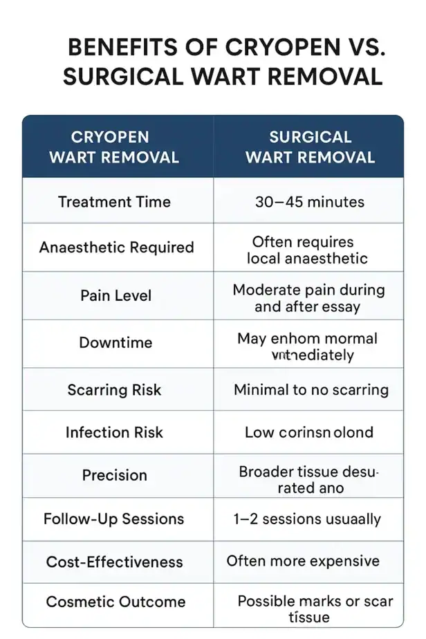Table showing the benefits of cryopen to remove warts Llanelli compared to surgical treatment
